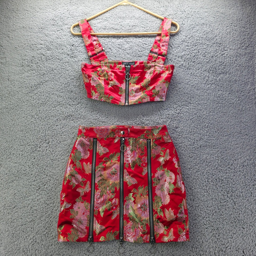 Current Mood Dolls Kill Red Floral Brocade 2 Piece Crop Top Mini Skirt Set XS